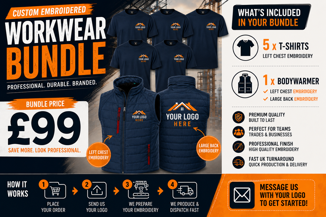 Personalised Embroidered Workwear Bundle 5 T Shirts & Bodywarmer with Logo Business Uniform Pack
