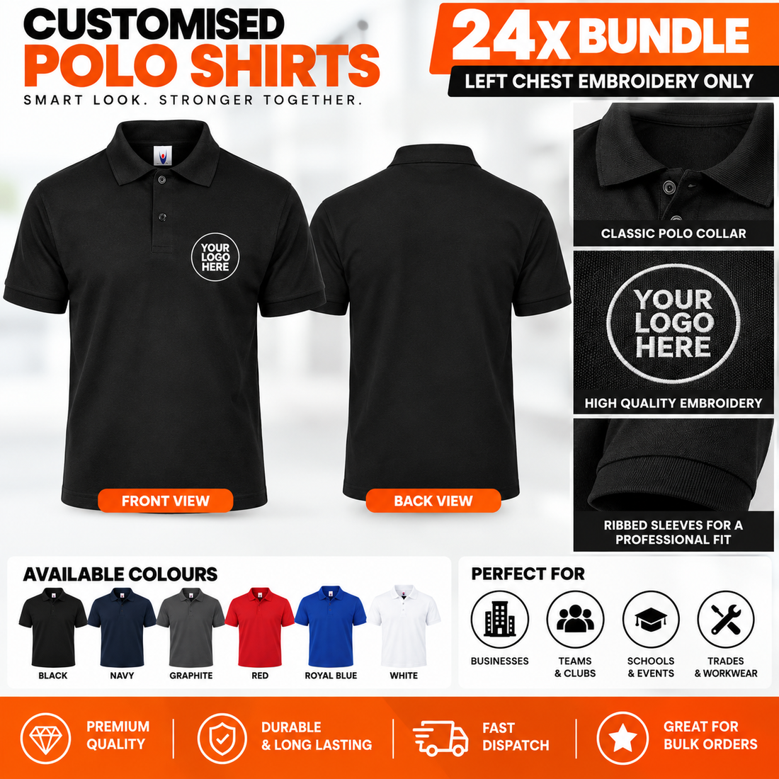 24 Personalised Polo Shirts with Logo Embroidery | Custom Workwear Bundle