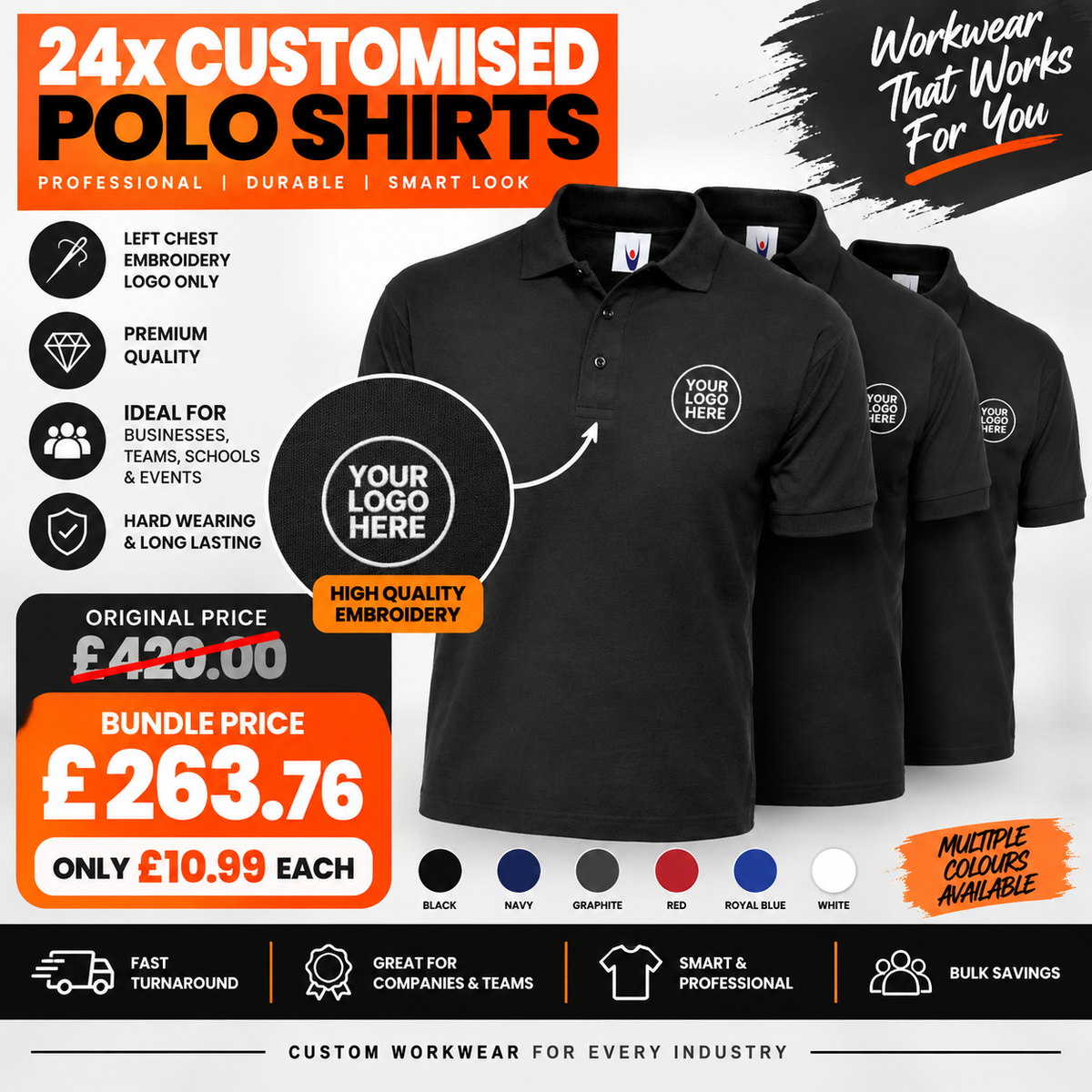 24 Personalised Polo Shirts with Logo Embroidery | Custom Workwear Bundle