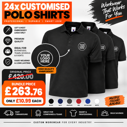 24 Personalised Polo Shirts with Logo Embroidery | Custom Workwear Bundle