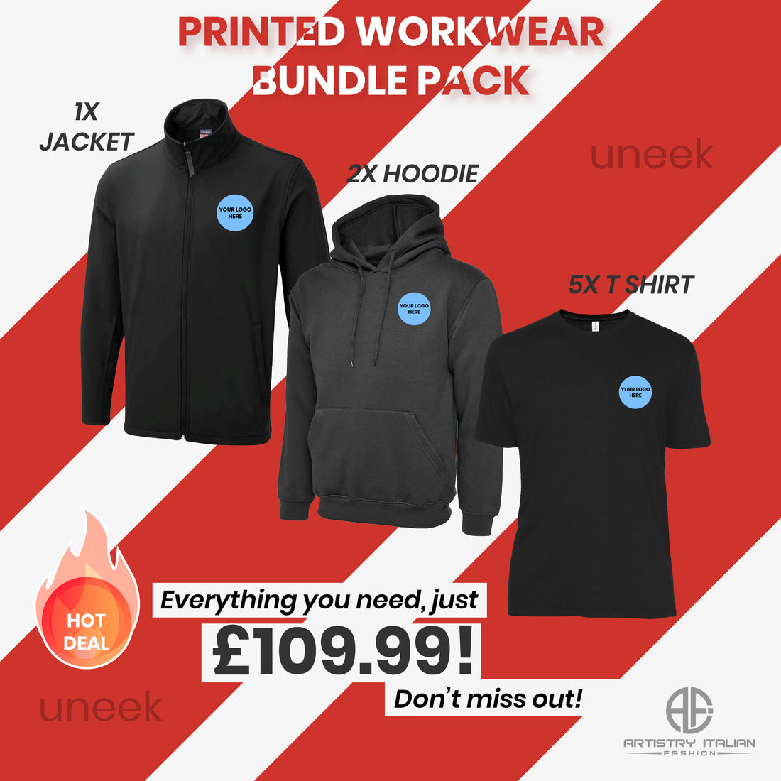 Custom Personalised Workwear Bundle | Softshell Jacket + 2 Hoodies + 5 T-Shirts | Logo Printed or Embroidered Left Chest