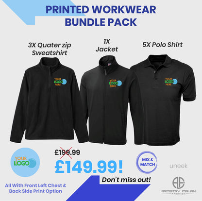 Workwear Bundle Personalised  – 3x Quarter Zip Sweatshirts, 1 Soft Shell Jacket, 5 Polo Shirts – Durable Uniform Set