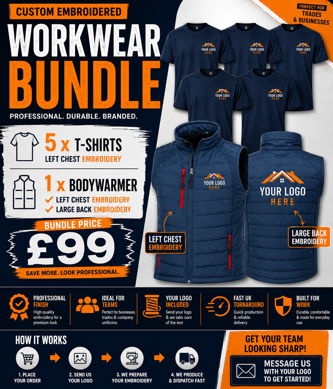 Personalised Embroidered Workwear Bundle 5 T Shirts &amp; Bodywarmer with Logo Business Uniform Pack