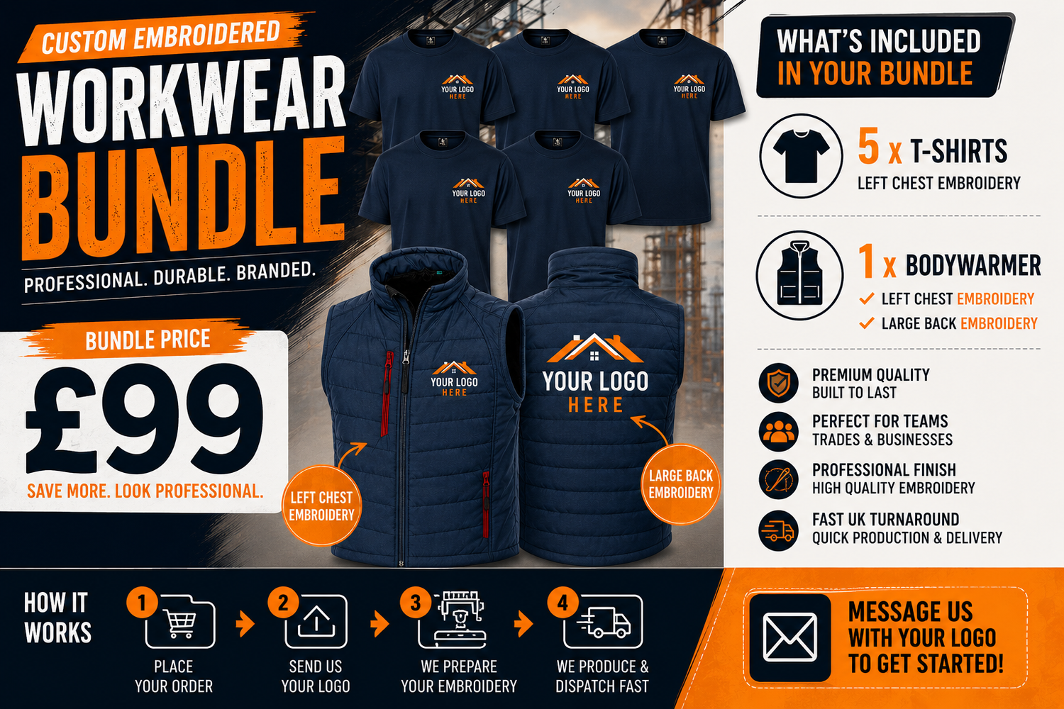 Personalised Embroidered Workwear Bundle 5 T Shirts &amp; Bodywarmer with Logo Business Uniform Pack