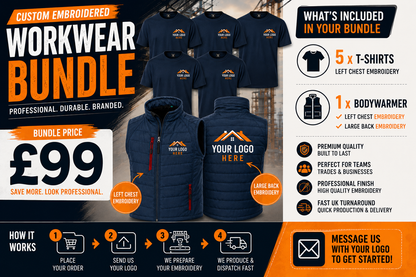 Personalised Embroidered Workwear Bundle 5 T Shirts &amp; Bodywarmer with Logo Business Uniform Pack