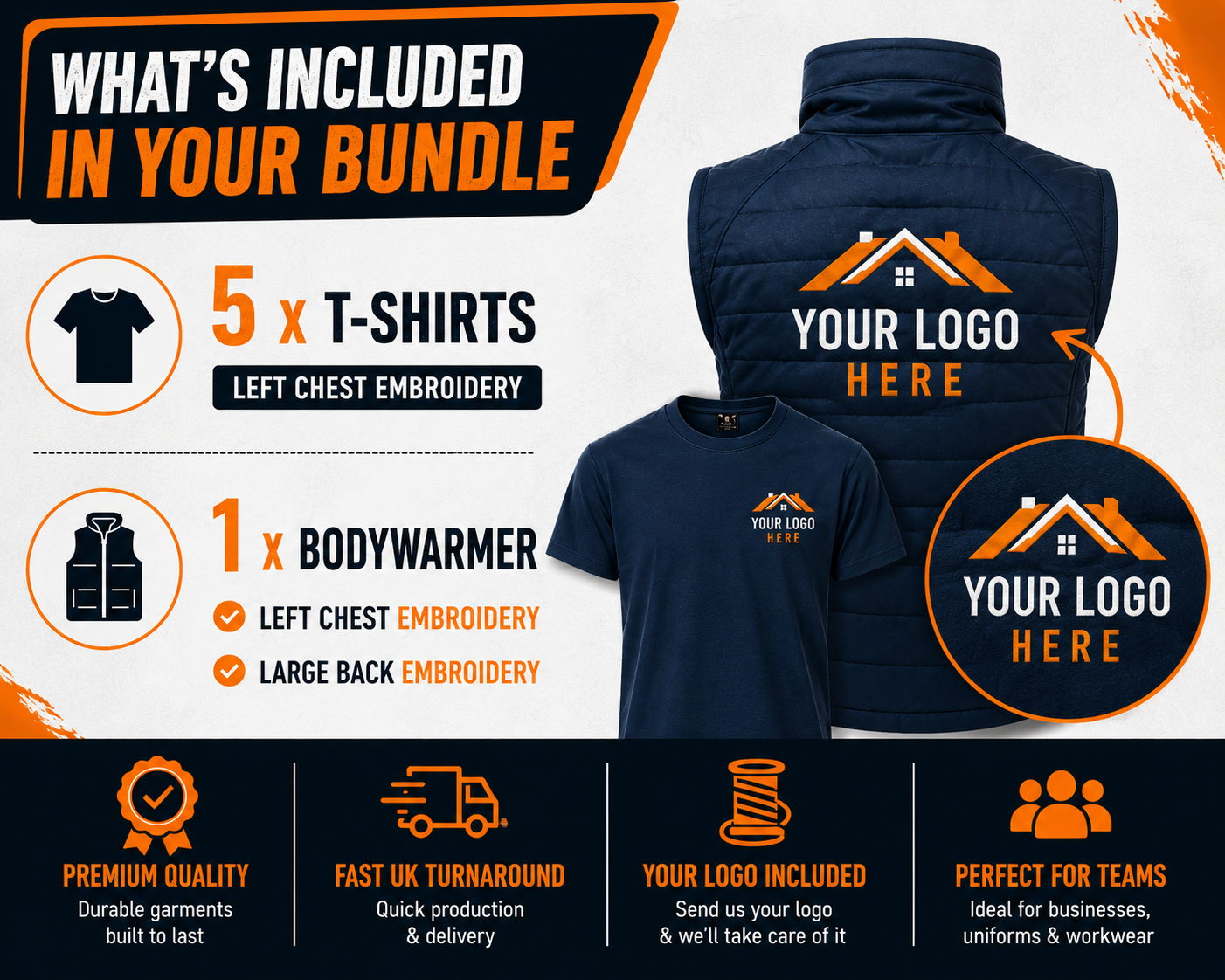 Personalised Embroidered Workwear Bundle 5 T Shirts &amp; Bodywarmer with Logo Business Uniform Pack
