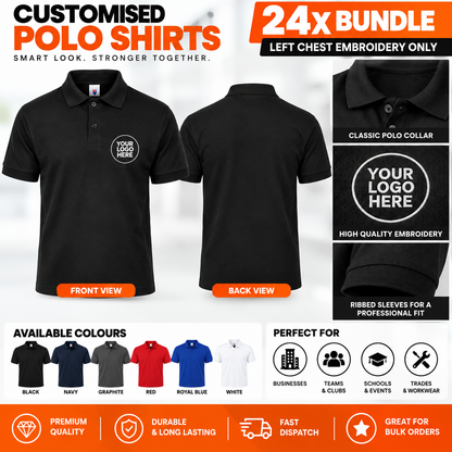 24 Personalised Polo Shirts with Logo Embroidery | Custom Workwear Bundle