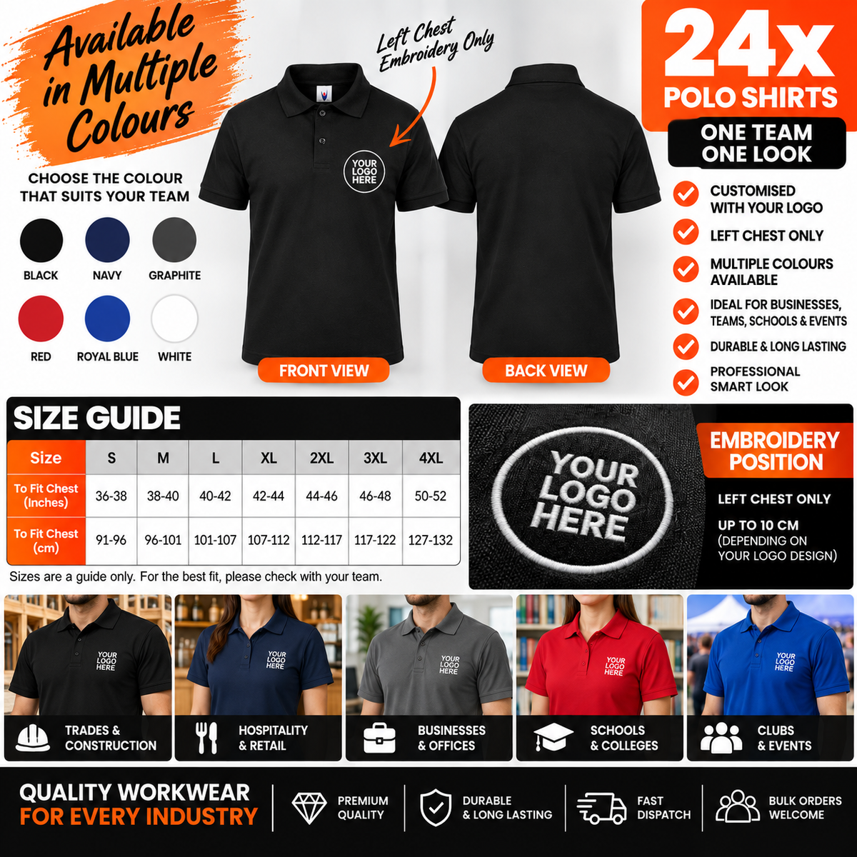 24 Personalised Polo Shirts with Logo Embroidery | Custom Workwear Bundle