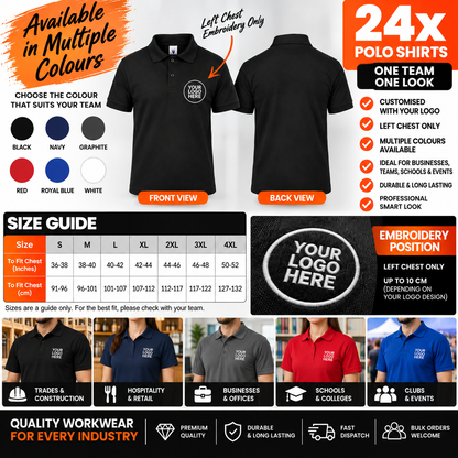 24 Personalised Polo Shirts with Logo Embroidery | Custom Workwear Bundle