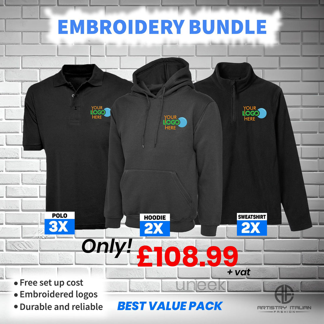 Personalised Embroidered Workwear Bundle | 3 Polo Shirts, 2 Hoodies &amp; 2 Quarter Zip Sweatshirts
