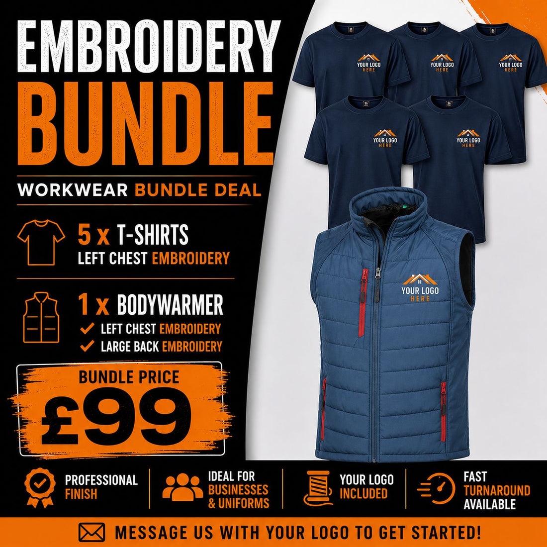 Personalised Embroidered Workwear Bundle 5 T Shirts &amp; Bodywarmer with Logo Business Uniform Pack