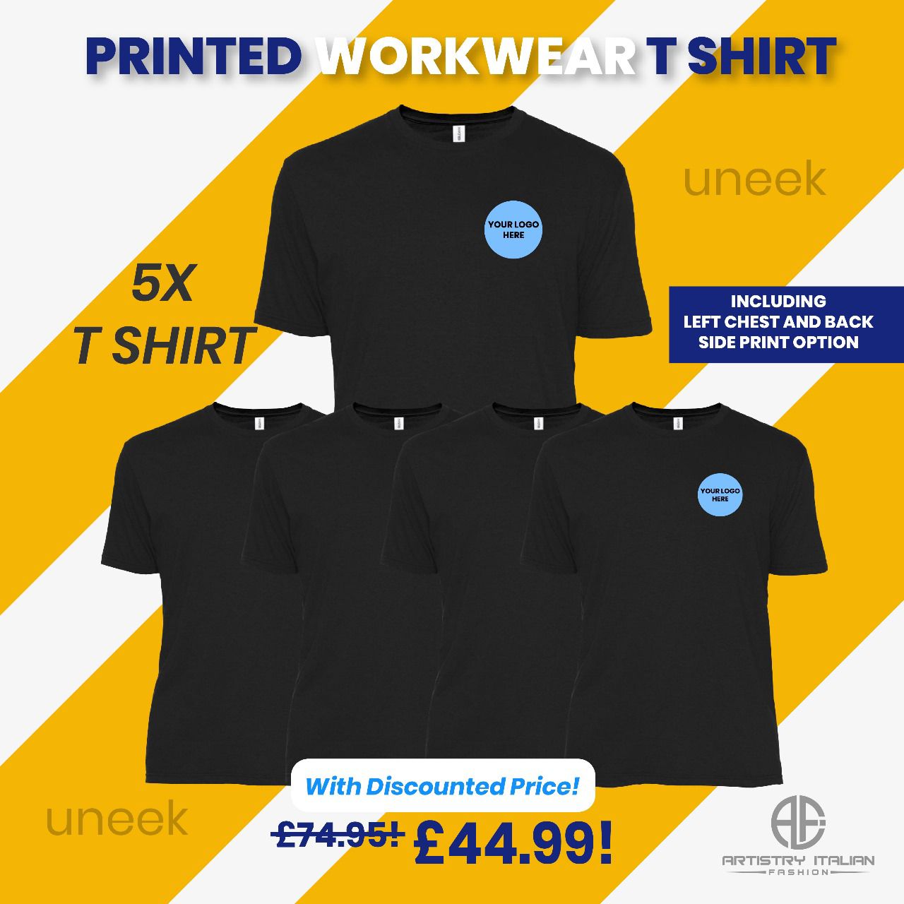 5 T-Shirt Workwear Bundle | Custom Printed Left Chest &amp;amp; Back | Personalised Men’s Company Uniform