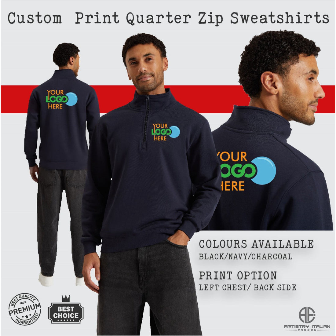 Personalised Quarter Zip Sweatshirt Custom Printed Logo, Unisex Workwear Jumper