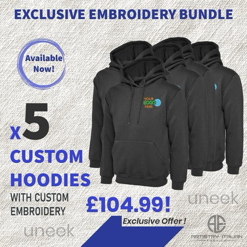 5 Custom Embroidered Hoodies Bundle – Bulk Logo Hoodie Pack for Business &amp; Workwear