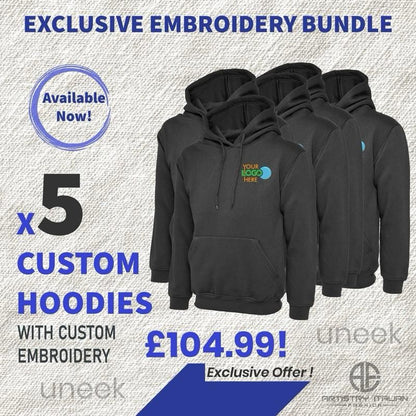5 Custom Embroidered Hoodies Bundle – Bulk Logo Hoodie Pack for Business &amp; Workwear