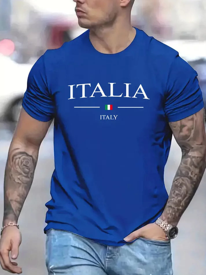 Mens Cotton Italia Print T-Shirt Ultra Soft Short Sleeve Casual Holiday Summer T
