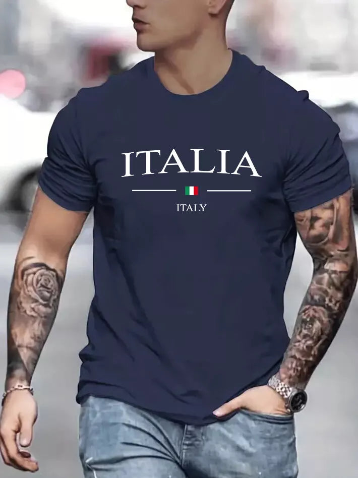 Mens Cotton Italia Print T-Shirt Ultra Soft Short Sleeve Casual Holiday Summer T