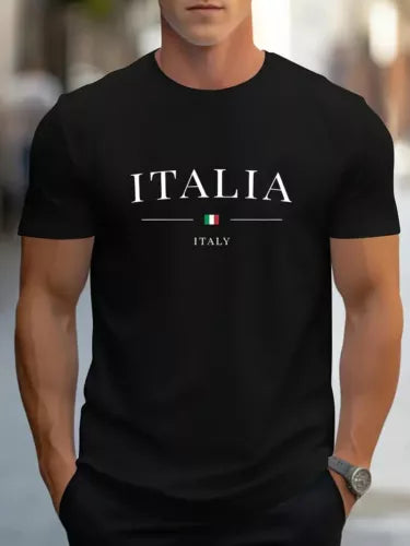 Mens Cotton Italia Print T-Shirt Ultra Soft Short Sleeve Casual Holiday Summer T