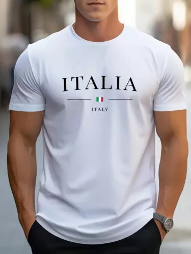 Mens Cotton Italia Print T-Shirt Ultra Soft Short Sleeve Casual Holiday Summer T